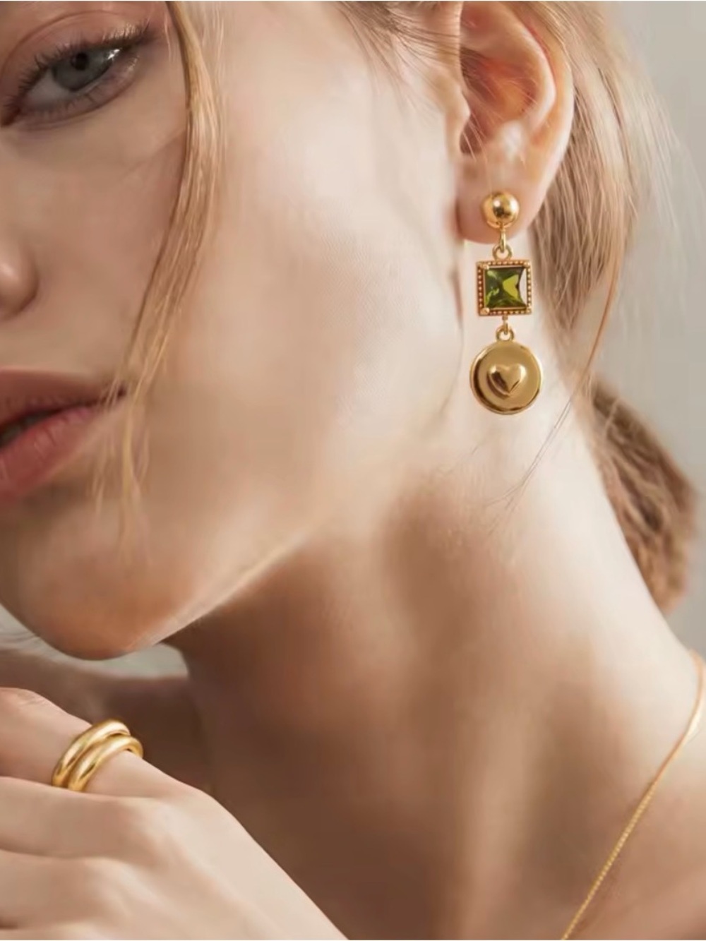 Gold-Tone Green Crystal Drop Heart Earrings and Bracelet SET